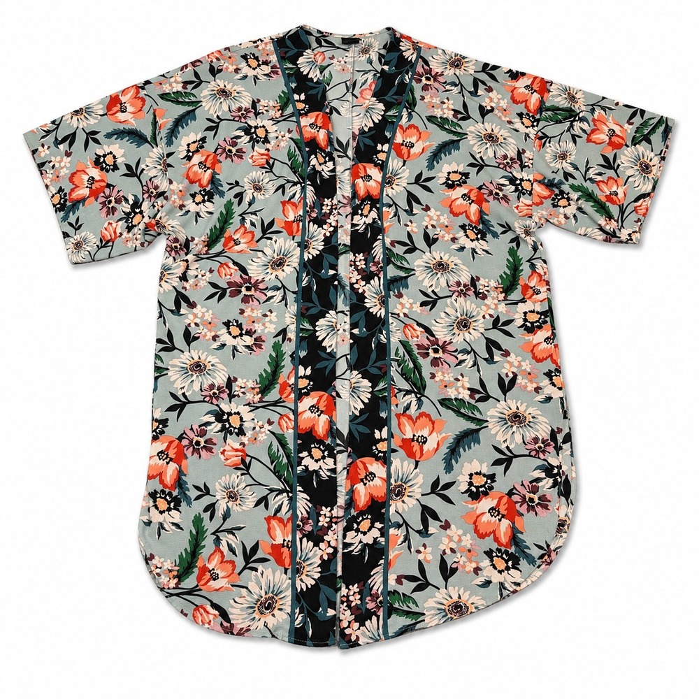 Bobeau Floral Open Front Kimono Cardigan Womens XL Blue Short Sleeve Wrap